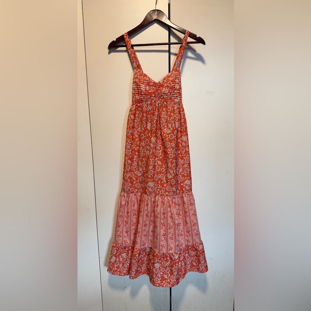 Mixed Print Tiered Midi Dress in red with a cream floral print.